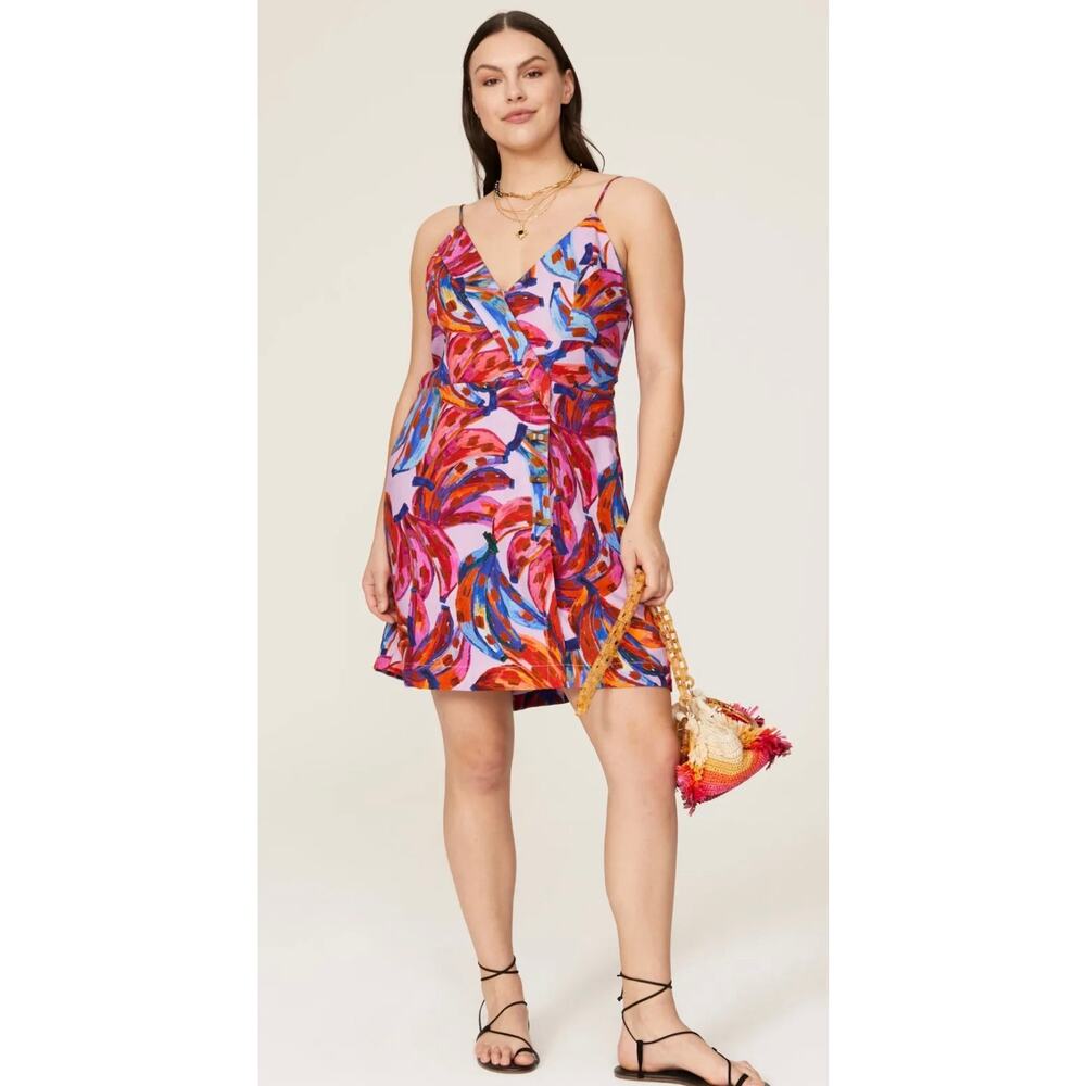 FARM Rio Colorful Bananas Wrap Dress Womens L Multicolor Abstract V-Neck Mini - Picture 4 of 15